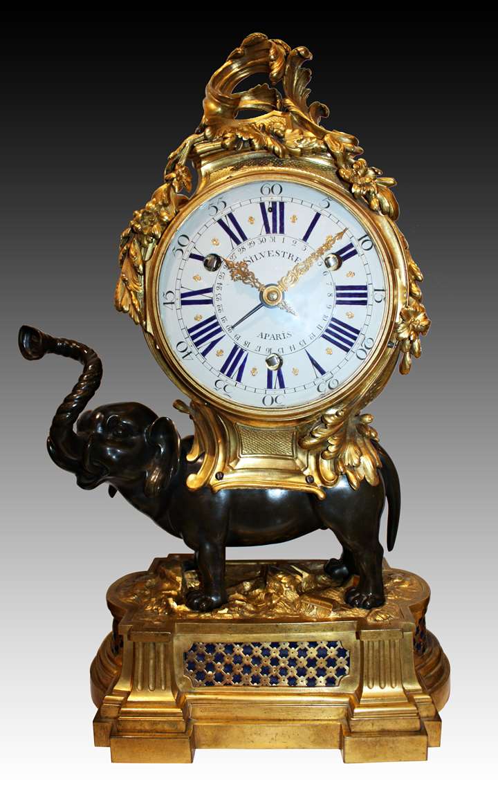 A Transitional ormolu and patined-bronze elephant Clock